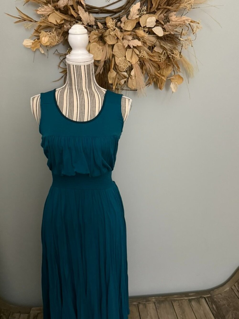 Curls From Savoy Teal Maxi Dress Small Ruched Smocked Waist Boho
